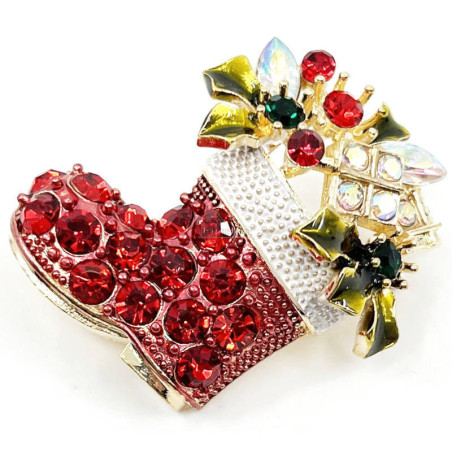 Fantasy gold brooch Christmas boot with rhinestones