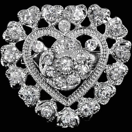 Heart-shaped silver fancy brooch set with rhinestones